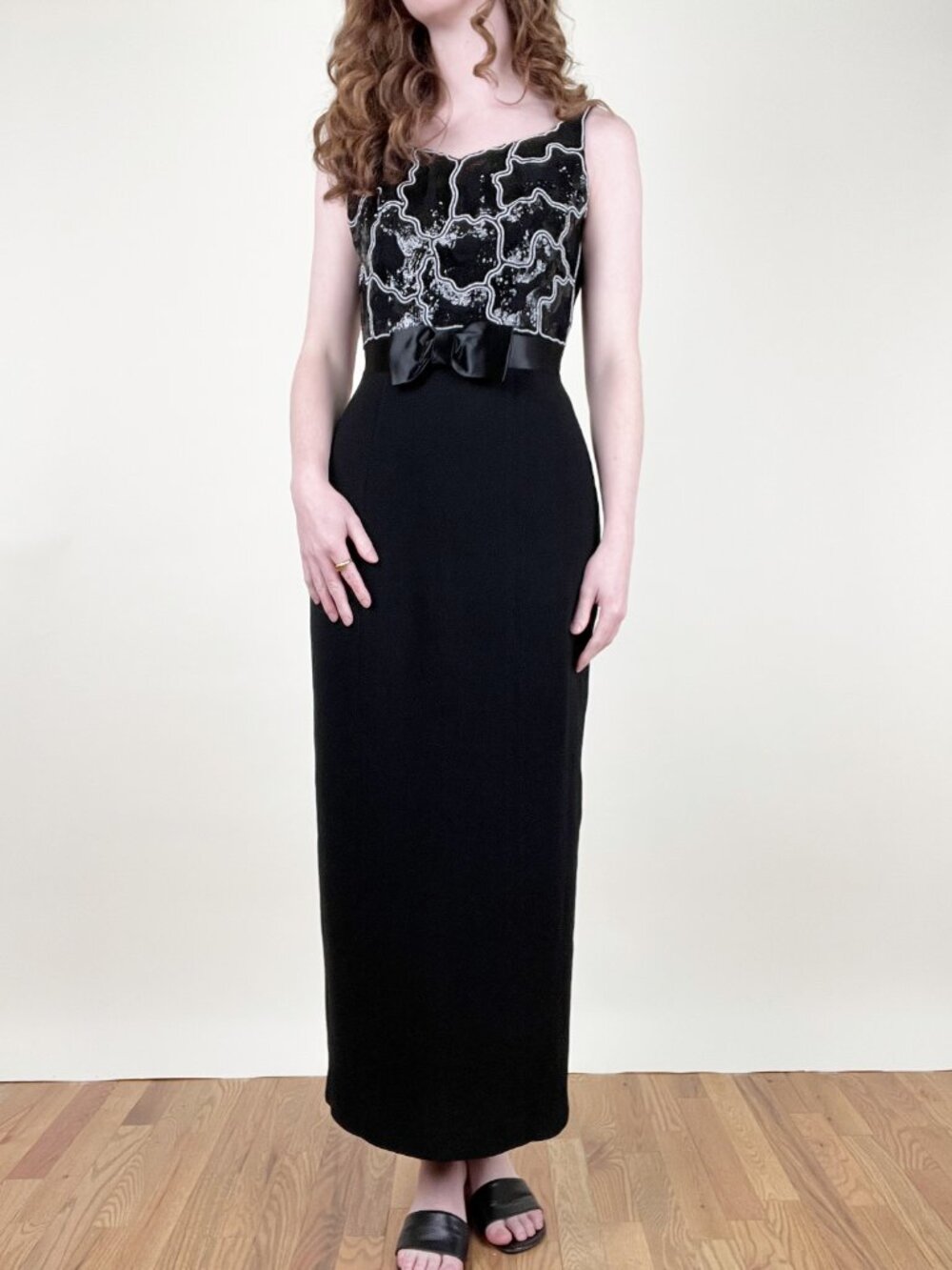 Vintage Black Tie Evening Gown Maxi Dress Gala Formal Cocktail Wedding Guest 80s